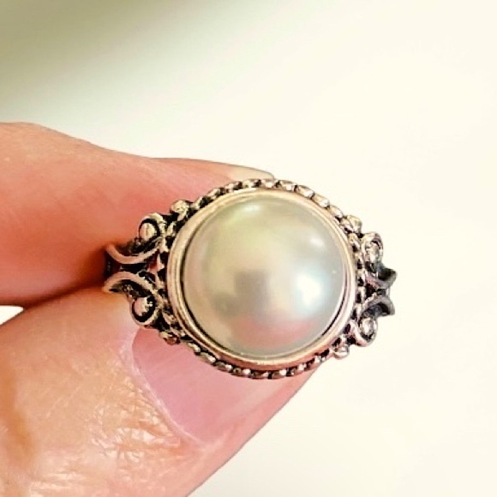 New faux pearl ring 925 silver plated Sz.7 - Picture 2 of 3